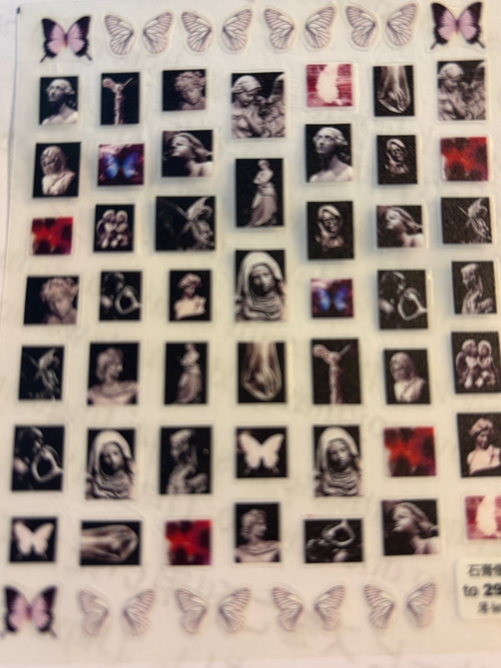 Butterfly & Vintage Art Nail Decal Sheet in Black, White, Pink